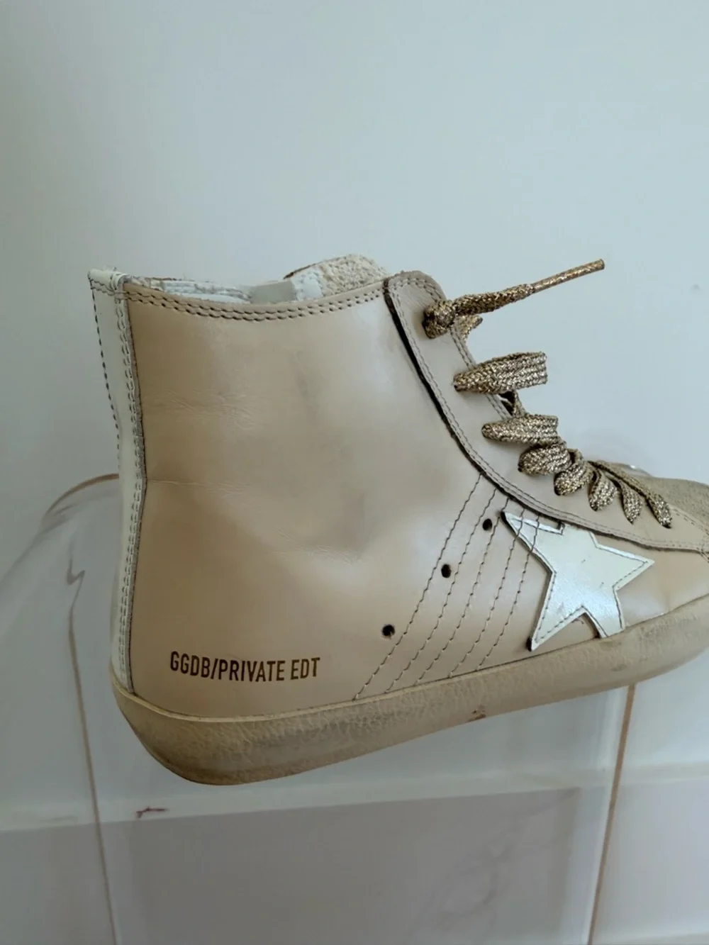 Golden Goose Cream Francy Suede High-Top Sneakers with Gold Metallic Laces - Picture 6 of 6